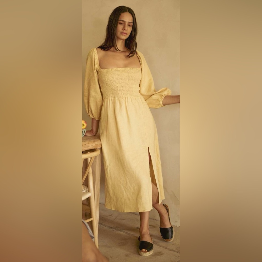 New Linen Smocked 3 way Strapless Puff Sleeve Midi Dress Cream Whimsy + Row